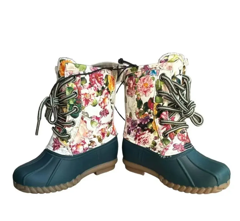 Jands Floral Lace-Up Duck Boots Dark Green Youth Size 11